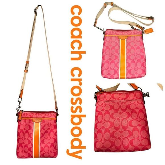 Coach Signature Stripe Crossbody Bag Pink Orange Canvas Leather Trim - Picture 1 of 8